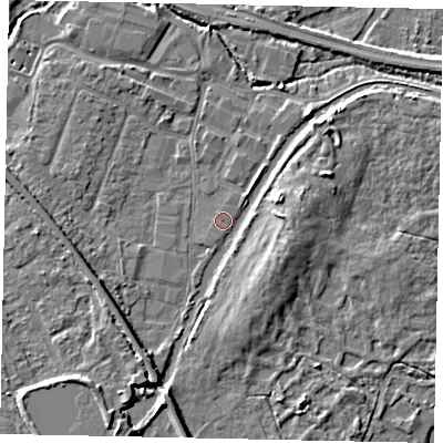 Shaded relief map of the ground around KT152SN, computed from Environment Agency LiDAR. The ground here sits at about 13 m above sea level and falls 6 m across the surrounding 800 m. Surface water reaching this point runs off ground lying to the south-east, 4.4 m higher.