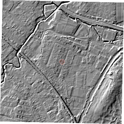 Shaded relief map of the ground around KT152SP, computed from Environment Agency LiDAR. The ground here sits at about 13 m above sea level and falls 6 m across the surrounding 800 m. Surface water reaching this point runs off ground lying to the west-north-west, 1.2 m higher.
