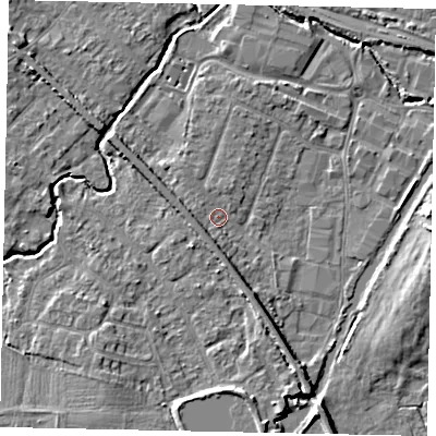 Shaded relief map of the ground around KT152SR, computed from Environment Agency LiDAR. The ground here sits at about 14 m above sea level and falls 6 m across the surrounding 800 m. Surface water reaching this point runs off ground lying to the south-west, 2.6 m higher.