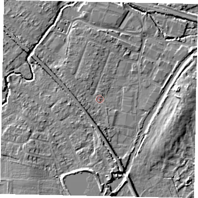 Shaded relief map of the ground around KT152ST, computed from Environment Agency LiDAR. The ground here sits at about 13 m above sea level and falls 6 m across the surrounding 800 m. Surface water reaching this point runs off ground lying to the south, 3.1 m higher.