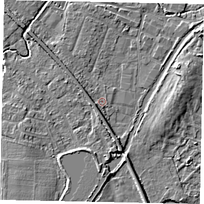 Shaded relief map of the ground around KT152SU, computed from Environment Agency LiDAR. The ground here sits at about 13 m above sea level and falls 5 m across the surrounding 800 m. Surface water reaching this point runs off ground lying to the west-south-west, 2.7 m higher.