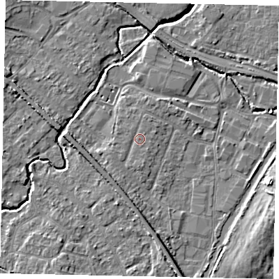 Shaded relief map of the ground around KT152SW, computed from Environment Agency LiDAR. The ground here sits at about 14 m above sea level and falls 6 m across the surrounding 800 m. Surface water reaching this point runs off ground lying to the south, 1.0 m higher.