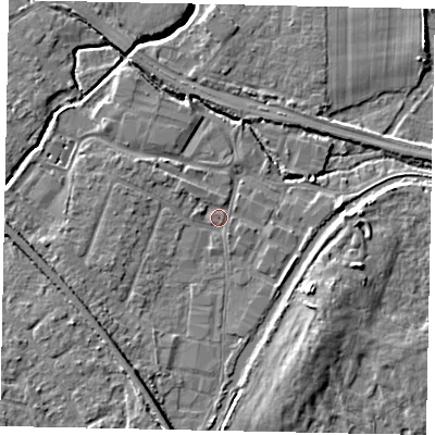 Shaded relief map of the ground around KT152SX, computed from Environment Agency LiDAR. The ground here sits at about 13 m above sea level and falls 6 m across the surrounding 800 m. Surface water reaching this point runs off ground lying to the south-south-west, 3.5 m higher.