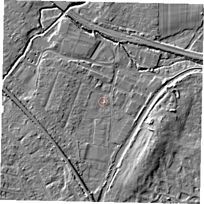 Shaded relief map of the ground around KT152SZ, computed from Environment Agency LiDAR. The ground here sits at about 12 m above sea level and falls 6 m across the surrounding 800 m. Surface water reaching this point runs off ground lying to the south-south-west, 3.5 m higher.