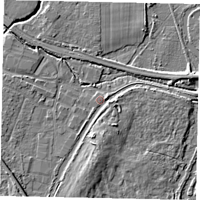 Shaded relief map of the ground around KT152UE, computed from Environment Agency LiDAR. The ground here sits at about 13 m above sea level and falls 6 m across the surrounding 800 m. Surface water reaching this point runs off ground lying to the east-south-east, 2.8 m higher.