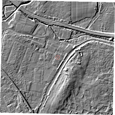 Shaded relief map of the ground around KT152UF, computed from Environment Agency LiDAR. The ground here sits at about 13 m above sea level and falls 6 m across the surrounding 800 m. Surface water reaching this point runs off ground lying to the south-west, 0.5 m higher.