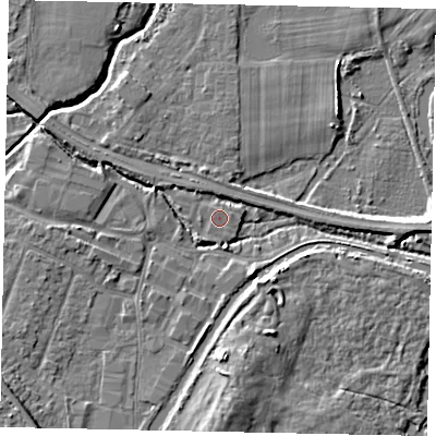 Shaded relief map of the ground around KT152UL, computed from Environment Agency LiDAR. The ground here sits at about 13 m above sea level and falls 6 m across the surrounding 800 m. Surface water reaching this point runs off ground lying to the south-west, 1.2 m higher.