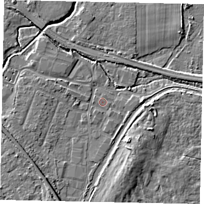 Shaded relief map of the ground around KT152UP, computed from Environment Agency LiDAR. The ground here sits at about 13 m above sea level and falls 6 m across the surrounding 800 m. Surface water reaching this point runs off ground lying to the south-west, 0.8 m higher.
