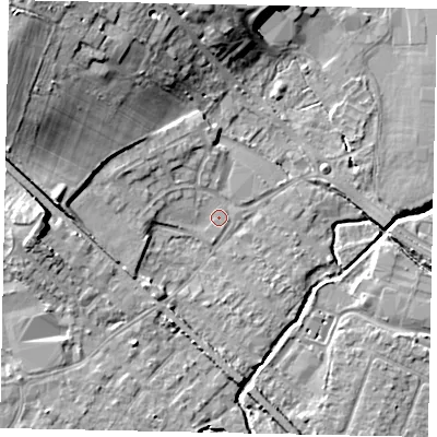 Shaded relief map of the ground around KT152UW, computed from Environment Agency LiDAR. The ground here sits at about 13 m above sea level and falls 17 m across the surrounding 800 m. Surface water reaching this point runs off ground lying to the west-north-west, 11.7 m higher.