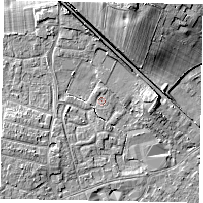 Shaded relief map of the ground around KT152XD, computed from Environment Agency LiDAR. The ground here sits at about 15 m above sea level and falls 15 m across the surrounding 800 m. Surface water reaching this point runs off ground lying to the north-north-west, 6.3 m higher.