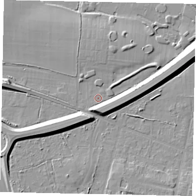 Shaded relief map of the ground around KT152XU, computed from Environment Agency LiDAR. The ground here sits at about 17 m above sea level and falls 15 m across the surrounding 800 m. Surface water reaching this point runs off ground lying to the south-south-west, 0.5 m higher.
