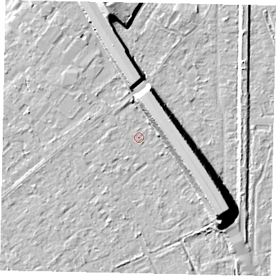 Shaded relief map of the ground around KT153AA, computed from Environment Agency LiDAR. The ground here sits at about 17 m above sea level and falls 14 m across the surrounding 800 m. Surface water reaching this point runs off ground lying to the south-east, 0.6 m higher.
