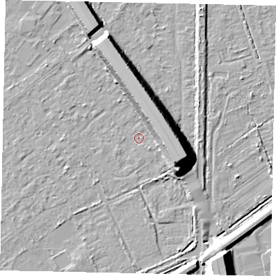Shaded relief map of the ground around KT153AB, computed from Environment Agency LiDAR. The ground here sits at about 17 m above sea level and falls 15 m across the surrounding 800 m. Surface water reaching this point runs off ground lying to the west-south-west, 0.8 m higher.