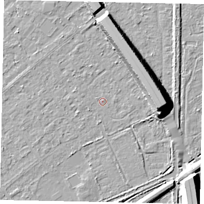 Shaded relief map of the ground around KT153AF, computed from Environment Agency LiDAR. The ground here sits at about 17 m above sea level and falls 15 m across the surrounding 800 m. Surface water reaching this point runs off ground lying to the west, 0.7 m higher.
