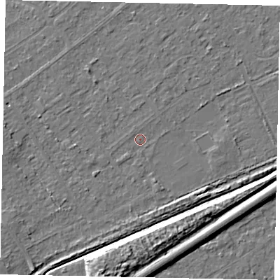 Shaded relief map of the ground around KT153AN, computed from Environment Agency LiDAR. The ground here sits at about 18 m above sea level and falls 10 m across the surrounding 800 m. Surface water reaching this point runs off ground lying to the south-west, 0.9 m higher.