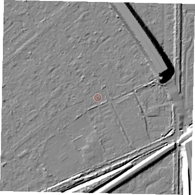 Shaded relief map of the ground around KT153AP, computed from Environment Agency LiDAR. The ground here sits at about 17 m above sea level and falls 14 m across the surrounding 800 m. Surface water reaching this point runs off ground lying to the west-south-west, 1.2 m higher.