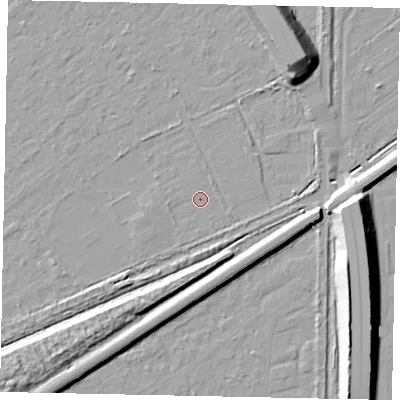 Shaded relief map of the ground around KT153AR, computed from Environment Agency LiDAR. The ground here sits at about 17 m above sea level and falls 15 m across the surrounding 800 m. Surface water reaching this point runs off ground lying to the south-west, 2.9 m higher.