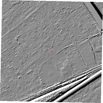 Shaded relief map of the ground around KT153AW, computed from Environment Agency LiDAR. The ground here sits at about 18 m above sea level and falls 13 m across the surrounding 800 m. Surface water reaching this point runs off ground lying to the west, 0.9 m higher.