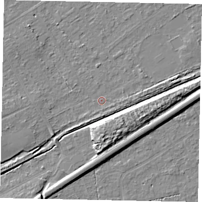 Shaded relief map of the ground around KT153BH, computed from Environment Agency LiDAR. The ground here sits at about 19 m above sea level and falls 10 m across the surrounding 800 m. Surface water reaching this point runs off ground lying to the west-south-west, 4.9 m higher.