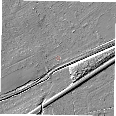 Shaded relief map of the ground around KT153BJ, computed from Environment Agency LiDAR. The ground here sits at about 19 m above sea level and falls 9 m across the surrounding 800 m. Surface water reaching this point runs off ground lying to the south-west, 1.9 m higher.