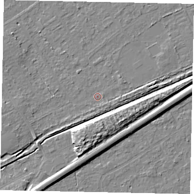 Shaded relief map of the ground around KT153BL, computed from Environment Agency LiDAR. The ground here sits at about 19 m above sea level and falls 10 m across the surrounding 800 m. Surface water reaching this point runs off ground lying to the west-south-west, 4.3 m higher.