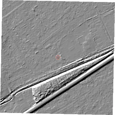 Shaded relief map of the ground around KT153BN, computed from Environment Agency LiDAR. The ground here sits at about 19 m above sea level and falls 10 m across the surrounding 800 m. Surface water reaching this point runs off ground lying to the south-west, 4.0 m higher.