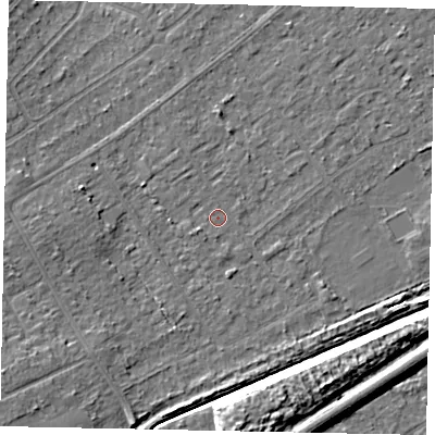Shaded relief map of the ground around KT153BU, computed from Environment Agency LiDAR. The ground here sits at about 19 m above sea level and falls 9 m across the surrounding 800 m. Surface water reaching this point runs off ground lying to the west, 1.3 m higher.