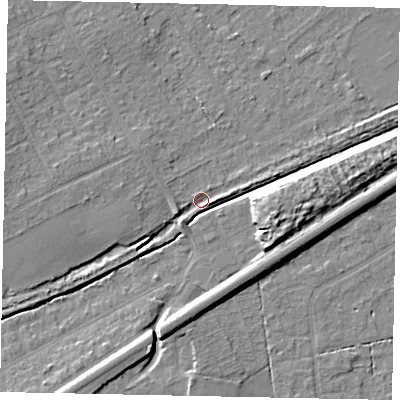 Shaded relief map of the ground around KT153HJ, computed from Environment Agency LiDAR. The ground here sits at about 20 m above sea level and falls 9 m across the surrounding 800 m. Surface water reaching this point runs off ground lying to the east-south-east, 8.1 m higher.