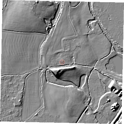 Shaded relief map of the ground around KT153JR, computed from Environment Agency LiDAR. The ground here sits at about 15 m above sea level and falls 12 m across the surrounding 800 m. Surface water reaching this point runs off ground lying to the south-south-west, 8.7 m higher.