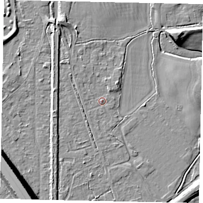 Shaded relief map of the ground around KT153JT, computed from Environment Agency LiDAR. The ground here sits at about 16 m above sea level and falls 16 m across the surrounding 800 m. Surface water reaching this point runs off ground lying to the west-south-west, 3.4 m higher.