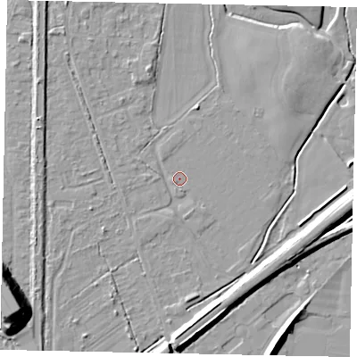 Shaded relief map of the ground around KT153LA, computed from Environment Agency LiDAR. The ground here sits at about 15 m above sea level and falls 17 m across the surrounding 800 m. Surface water reaching this point runs off ground lying to the south-west, 0.9 m higher.