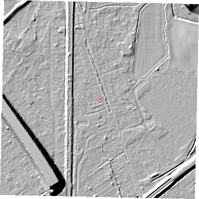 Shaded relief map of the ground around KT153LB, computed from Environment Agency LiDAR. The ground here sits at about 16 m above sea level and falls 16 m across the surrounding 800 m. Surface water reaching this point runs off ground lying to the south-west, 2.8 m higher.