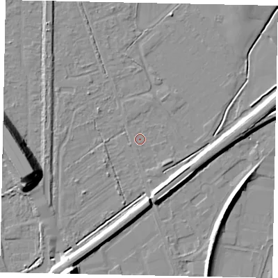 Shaded relief map of the ground around KT153LD, computed from Environment Agency LiDAR. The ground here sits at about 16 m above sea level and falls 17 m across the surrounding 800 m. Surface water reaching this point runs off ground lying to the south-south-east, 7.4 m higher.