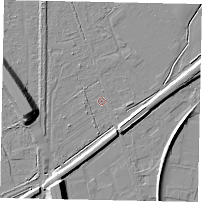 Shaded relief map of the ground around KT153LE, computed from Environment Agency LiDAR. The ground here sits at about 16 m above sea level and falls 16 m across the surrounding 800 m. Surface water reaching this point runs off ground lying to the south-east, 7.4 m higher.