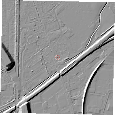 Shaded relief map of the ground around KT153LG, computed from Environment Agency LiDAR. The ground here sits at about 16 m above sea level and falls 16 m across the surrounding 800 m. Surface water reaching this point runs off ground lying to the east, 1.5 m higher.