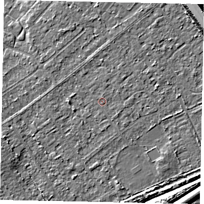 Shaded relief map of the ground around KT153NW, computed from Environment Agency LiDAR. The ground here sits at about 18 m above sea level and falls 10 m across the surrounding 800 m. Surface water reaching this point runs off ground lying to the south-west, 1.7 m higher.