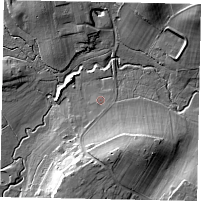 Shaded relief map of the ground around KT153TH, computed from Environment Agency LiDAR. The ground here sits at about 19 m above sea level and falls 20 m across the surrounding 800 m. Surface water reaching this point runs off ground lying to the south, 2.4 m higher.