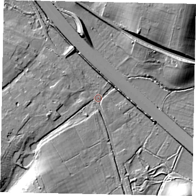 Shaded relief map of the ground around KT160AA, computed from Environment Agency LiDAR. The ground here sits at about 18 m above sea level and falls 18 m across the surrounding 800 m. Surface water reaching this point runs off ground lying to the south-west, 17.1 m higher.
