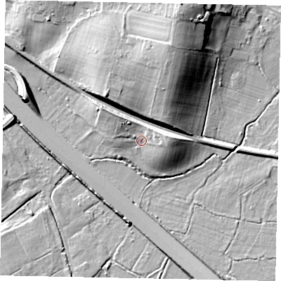 Shaded relief map of the ground around KT160AB, computed from Environment Agency LiDAR. The ground here sits at about 23 m above sea level and falls 22 m across the surrounding 800 m. Surface water reaching this point runs off ground lying to the east-north-east, 5.3 m higher.