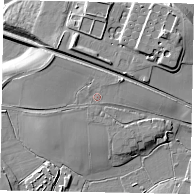 Shaded relief map of the ground around KT160AR, computed from Environment Agency LiDAR. The ground here sits at about 26 m above sea level and falls 18 m across the surrounding 800 m. Surface water reaching this point runs off ground lying to the north-west, 1.0 m higher.
