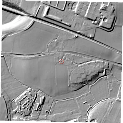 Shaded relief map of the ground around KT160AS, computed from Environment Agency LiDAR. The ground here sits at about 26 m above sea level and falls 18 m across the surrounding 800 m. Surface water reaching this point runs off ground lying to the west-south-west, 0.6 m higher.