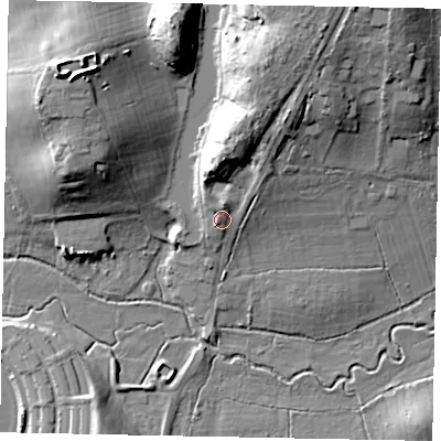 Shaded relief map of the ground around KT160QW, computed from Environment Agency LiDAR. The ground here sits at about 26 m above sea level and falls 23 m across the surrounding 800 m. Surface water reaching this point runs off ground lying to the north-north-east, 13.5 m higher.
