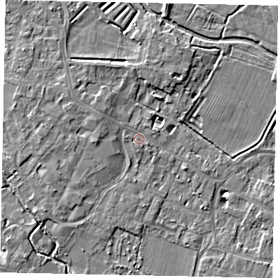 Shaded relief map of the ground around KT168AA, computed from Environment Agency LiDAR. The ground here sits at about 13 m above sea level and falls 5 m across the surrounding 800 m. Surface water reaching this point runs off ground lying to the west, 1.1 m higher.