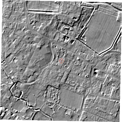 Shaded relief map of the ground around KT168AD, computed from Environment Agency LiDAR. The ground here sits at about 13 m above sea level and falls 5 m across the surrounding 800 m. Surface water reaching this point runs off ground lying to the west-north-west, 2.5 m higher.