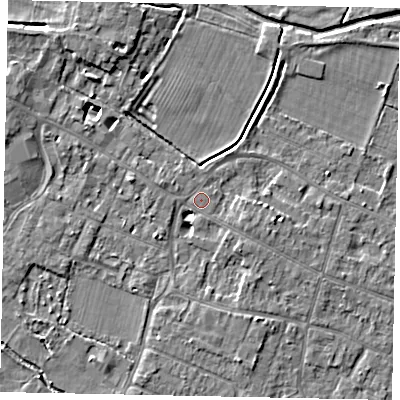 Shaded relief map of the ground around KT168AG, computed from Environment Agency LiDAR. The ground here sits at about 13 m above sea level and falls 5 m across the surrounding 800 m. Surface water reaching this point runs off ground lying to the west-north-west, 1.0 m higher.