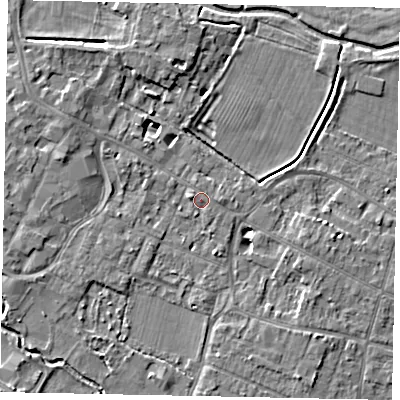 Shaded relief map of the ground around KT168AJ, computed from Environment Agency LiDAR. The ground here sits at about 13 m above sea level and falls 5 m across the surrounding 800 m. Surface water reaching this point runs off ground lying to the west-north-west, 0.5 m higher.