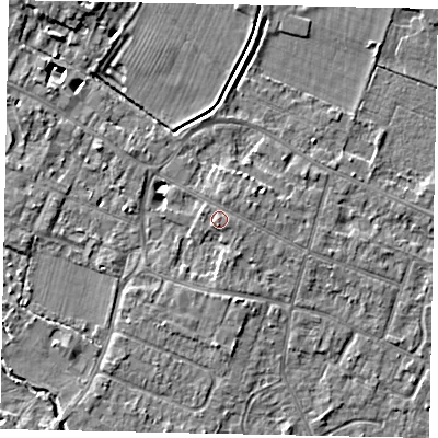 Shaded relief map of the ground around KT168AL, computed from Environment Agency LiDAR. The ground here sits at about 14 m above sea level and falls 5 m across the surrounding 800 m. Surface water reaching this point runs off ground lying to the south, 1.0 m higher.