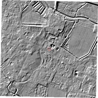 Shaded relief map of the ground around KT168AP, computed from Environment Agency LiDAR. The ground here sits at about 13 m above sea level and falls 7 m across the surrounding 800 m. Surface water reaching this point runs off ground lying to the east-south-east, 3.9 m higher.