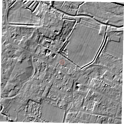 Shaded relief map of the ground around KT168AW, computed from Environment Agency LiDAR. The ground here sits at about 13 m above sea level and falls 5 m across the surrounding 800 m. The ground contributing surface water to this point lies to the north.