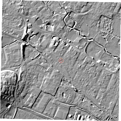 Shaded relief map of the ground around KT168BE, computed from Environment Agency LiDAR. The ground here sits at about 14 m above sea level and falls 12 m across the surrounding 800 m. Surface water reaching this point runs off ground lying to the west-north-west, 0.5 m higher.